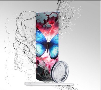 Tumbler: 3D Cracked Wall Butterfly, Sublimation 20 oz Skinny Tumbler - image1